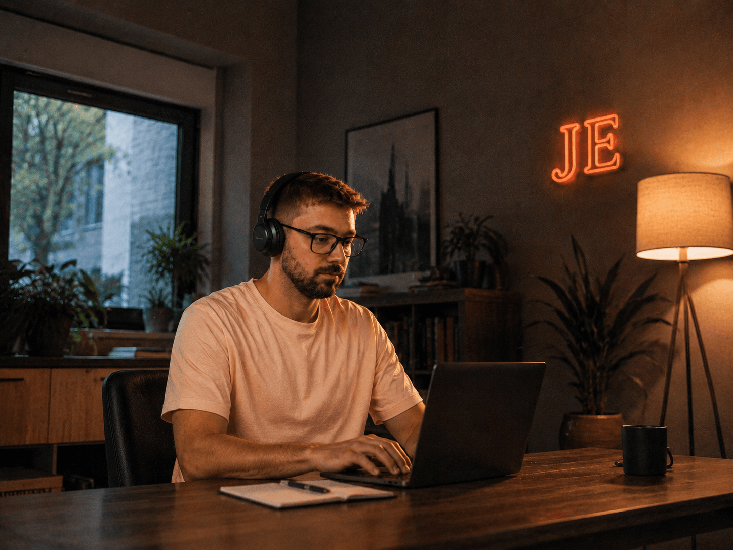 Juan Eloy trabajando en su escritorio, con luz cálida y una placa con sus iniciales JE en la pared